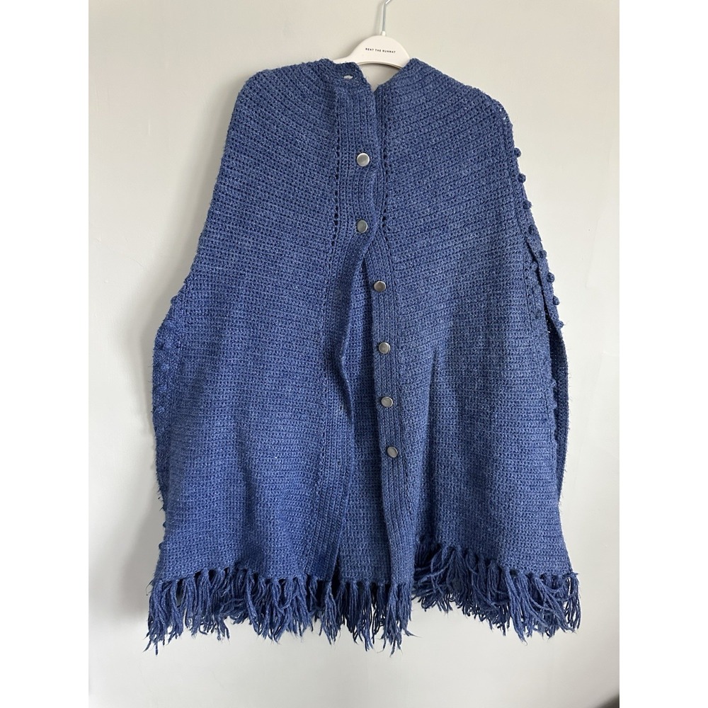 Vintage Hand Knit Wool/Cotton Periwinkle Cape‎ Tassle Poncho Cottage Nordic Boho